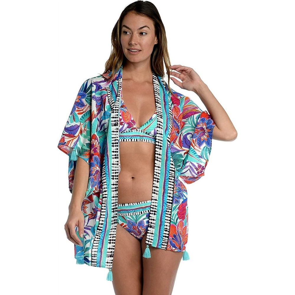 La Blanca Blue Red Tropical Floral Leaf Tropics Of Tropez Coverup Wrap Kimono